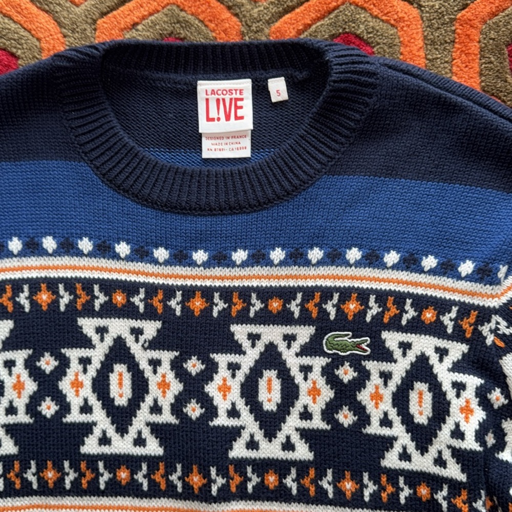 Lacoste L!ve Fair Isle Blue and White Crewneck Sweater with Nordic Pattern Med